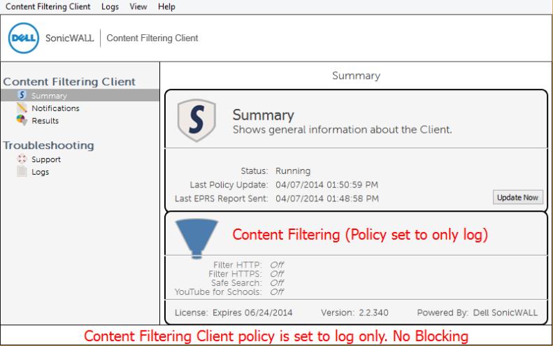 The following message displays when the Content Filtering Client policy is not specified.