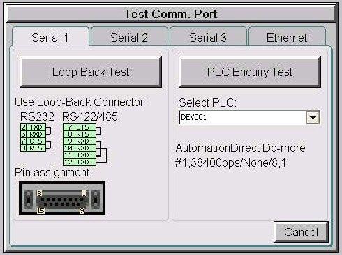 hapter - Troubleshooting No ommunications between Panel and PL (cont d) The serial ports on the -more touch panel can be tested using the panel s system setup screens.
