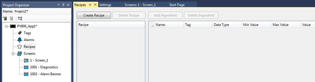 Chapter 7 Recipes Create Recipes Recipes are created using Connected Components Workbench software and each PanelView 800 terminal application supports up to 50 recipes.
