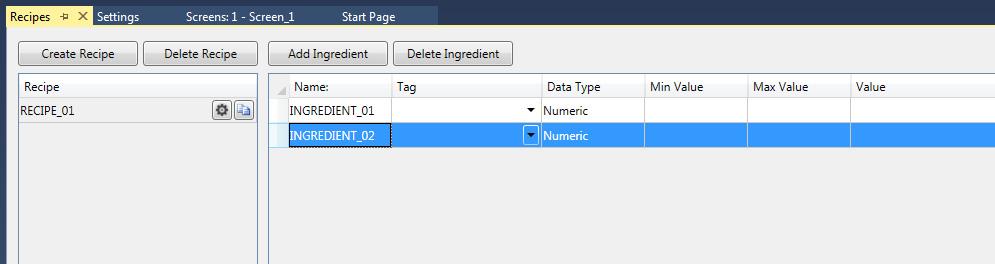 Recipes Chapter 7 c. select a numeric or string data type for the ingredient. d. enter a minimum and maximum value for the ingredient if the data type is numeric. e. enter a value for each ingredient.