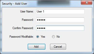 Select the Design Environment Secured checkbox. 2. Click Add User to create a new account. The Security - Add User dialog appears. Setting Description User Name Enter a name for the user account.