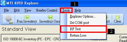 3.8 RF Test MTI supports 3 functions which are Inventory, RF On/Off and Pulse to help user to perform the device. Select Configure option. Click RF Test. The RF Test dialog will be show.