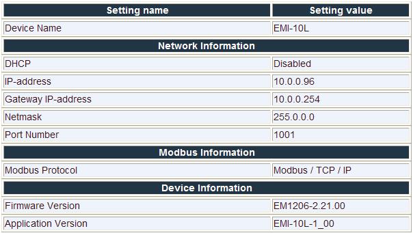 General Settings This section shows a summary of the configuration of interface EMI-10L.