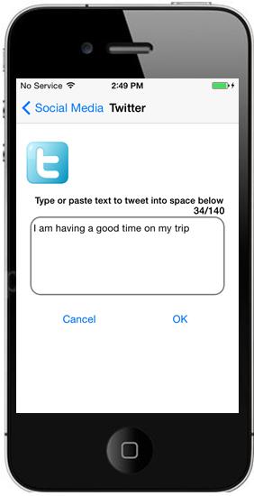 Step 3 The Twitter screen will be displayed. In the Tweet field, enter your Tweet. Step 4 When finished, click on OK.