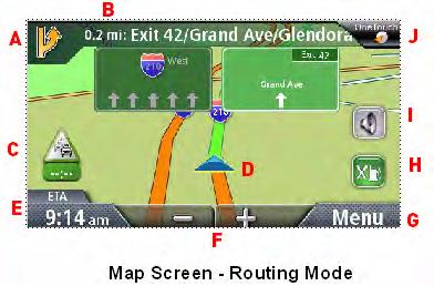 As you travel, your position will be updated, giving you a clear view of your position and surrounding streets. (A) Current location. (B) Traffic Notification Icon. (C) Information display.