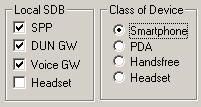 Figure 21. Configuring the Local SDB and the Class of Device 4.4 Set the device name and PIN.
