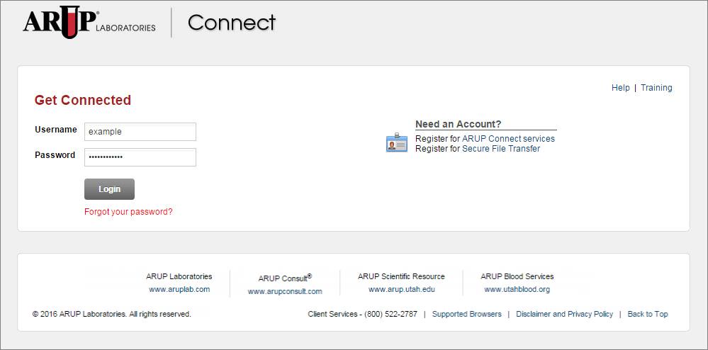 ARUP Connect Login To log in to ARUP Connect, you must be a subscribed user with a valid username and password.