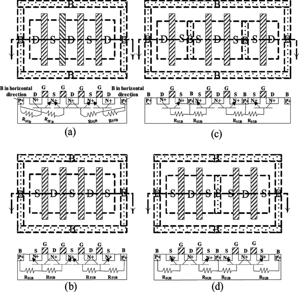 J. Semicond. 30(8) Jiang Yuxi et al. For different layout floorplans, the parasitic substrate resistance of each parasitic bipolar is different.