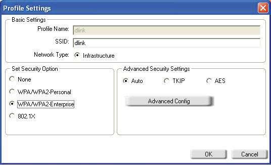 Select WPA/WPA2-Enterprise under Set Security Option and then select TKIP or AES. 3. Click on Advanced Conig to continue. 4. Next to EAP Type, select EAP-TLS, EAP-TTLS, or PEAP.