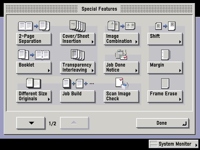 Copying Functions Overview of Copy Features Use the Regular Copy Basic Features screen and the Special Features screen to set the various copy modes. There are two Special Features screens, / and /.