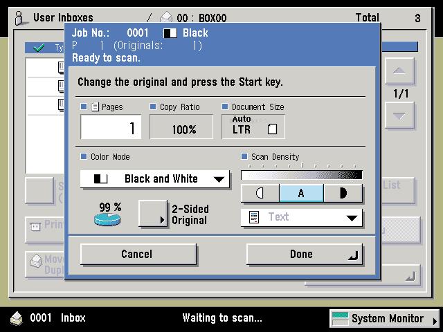 Storing Originals in an Inbox Select an Inbox Start Scanning Mail Box Functions Inbox Selection Screen Press the number of the inbox to store the scanned document. Press (Start).