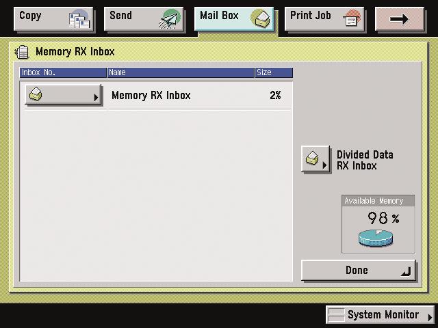 Mail Box Function Overview Memory RX Inbox Screen/Memory RX Inbox Document Selection Screen Documents received when Memory Lock is set are stored in the Memory RX