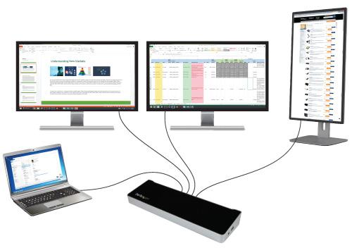 A four-display workstation helps you get more done The triple-video docking station uniquely integrates two video chipsets, making it possible to connect one HDMI and two DisplayPort monitors to your