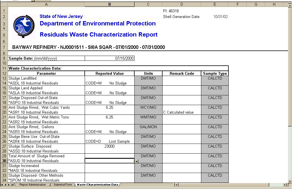 WCR ( Waste Characterization Data tab) Each cell in the Reported
