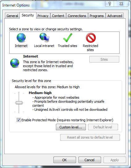 Check Security: Med-High Open Internet Explorer Select Tools>