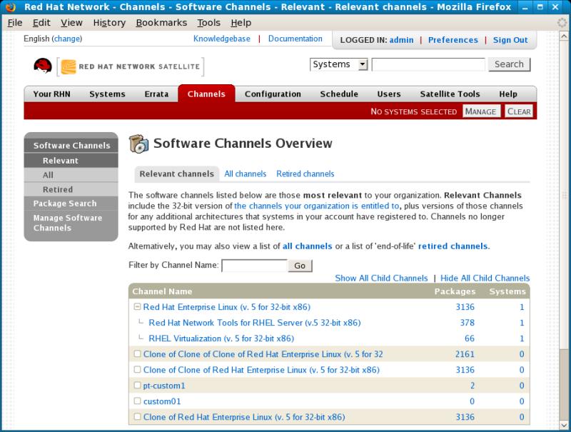 Reference Guide Figure 7.17. All Channels 7.6.1.4. Red Hat Channels The Red Hat Channels page displays the Red Hat channels and their available child channels.