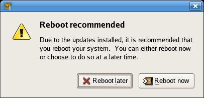Reference Guide Figure 3.4. Reboot Prompt You can choose to reboot now or later, but it is recommended to click Reboot Now to start using the updated packages. 3.2.