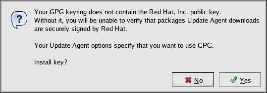 Reference Guide Figure 4.1. Configure Proxy Server The second dialog box to appear prompts you to install the Red Hat GPG key, as shown in Figure 4.2, Install GPG Key.