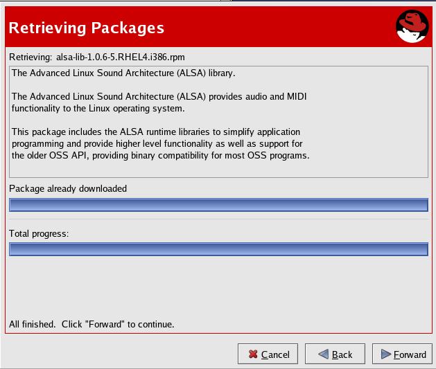 CHAPTER 4. RED HAT UPDATE AGENT Figure 4.13. Retrieving Packages 4.2.7. Installing Packages The packages must be installed after downloading them via the Red Hat Update Agent.