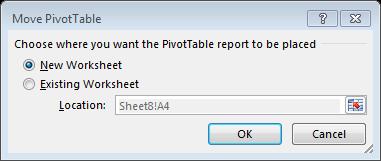 Moving a PivotTable The PivotTable can be moved to another location in the spreadsheet. Click on the Analyze tab of PivotTable Tools. In the Layout group, click on Move PivotTable.