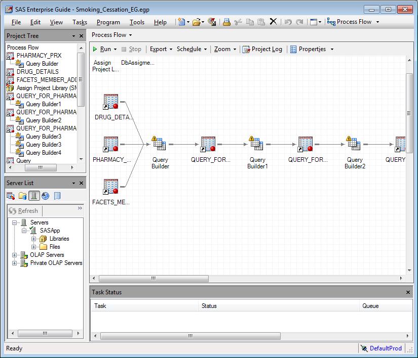 1 provides a good visual interface for analysts and programmers; the main project window has Project Tree, Process Flow and Server List panels as shown below.