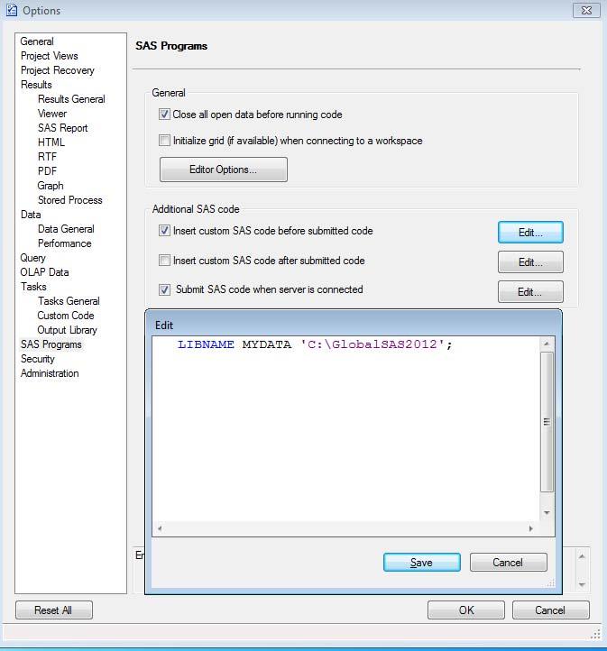 You can write your own LIBNAME statement in the programming window as shown below or there is an option that allows you to specify code that will be automatically executed every time you