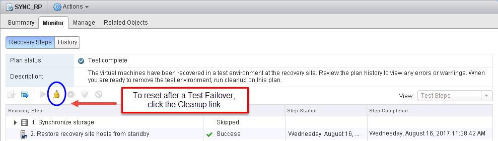 Testing Recovery Plans The Cleanup process is initiated, in a similar fashion to the test failover process, by clicking on the Cleanup link after selecting the