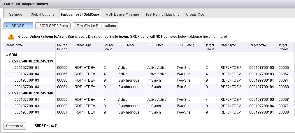 Testing Recovery Plans The SRDF-AU offers three options for the test failover pairings screen: 1.