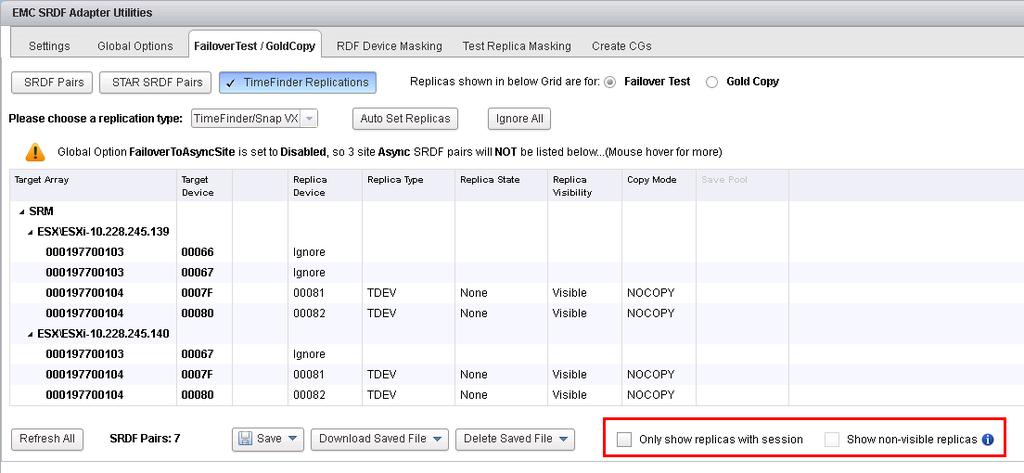 Testing Recovery Plans Only show replicas with sessions This check-box offers the ability to have the SRDF-AU only display test failover candidate replicas that are currently involved in a