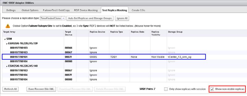 Testing Recovery Plans The masking configuration feature in SRDF-AU can be found by selecting the Test Replica Masking tab.