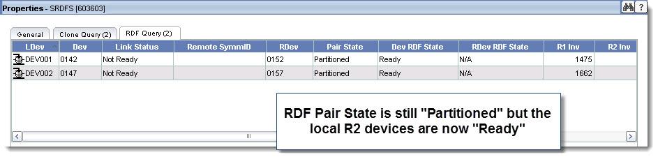 Recovery Operations with 2-site SRDF page 275 shows a screenshot of the RDF pairs from earlier in this section after the RDF failover operation.
