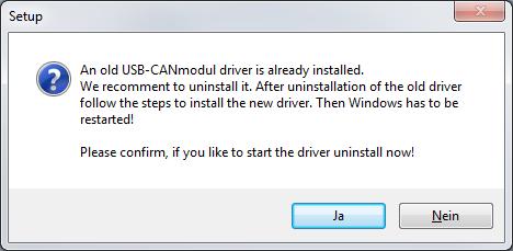 The setup tool starts with the following message box: Figure 20: Updating an existing installation Click on the Yes -button to uninstall the old driver and to install the newer