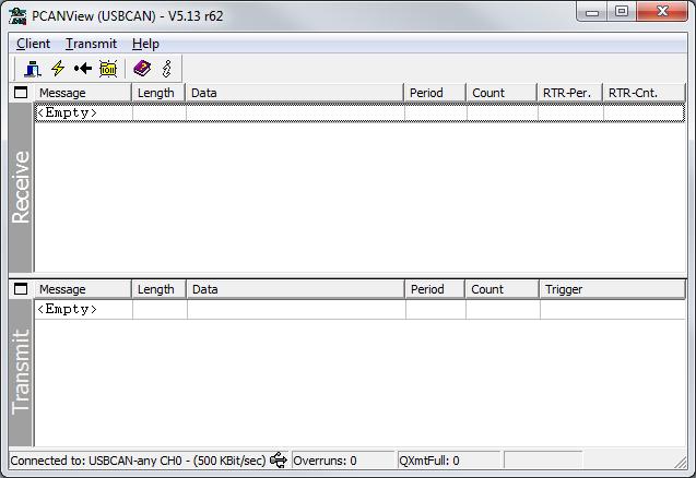 - The PCANView (USBCAN) main window will appear: Figure 26: PCANView (USBCAN) main window This screen is divided into two sections: Receive and Transmit Receive: monitors CAN messages that are
