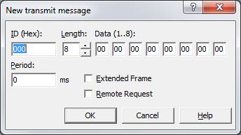 The dialog box New transmit message will appear: Figure 27: Dialog box for entering a new transmit message - Specify a Standard (11-bit) or Extended (29-bit) CAN identifier in field ID, the data