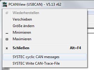 Figure 32: Extended system menu of PCANView SYSTEC cyclic CAN messages This feature can be used for instance when precisely timed CAN messages have to be sent to the CAN bus (e.g. SYNC messages).