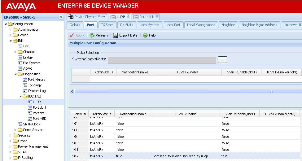 4.4.9.1 LLDP VLAN configuration on a Avaya Ethernet Switch 4.4.9.1.1 LLDP Interface level configuration The following is an example of configuring LLDP on an Avaya Stackable Ethernet switch.