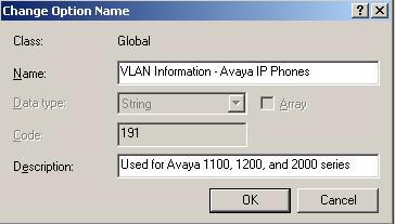 Windows 2003 Server Step 3 Add a new DHCP option, create DHCP option 191 After clicking on Add, fill in the information as shown below for the