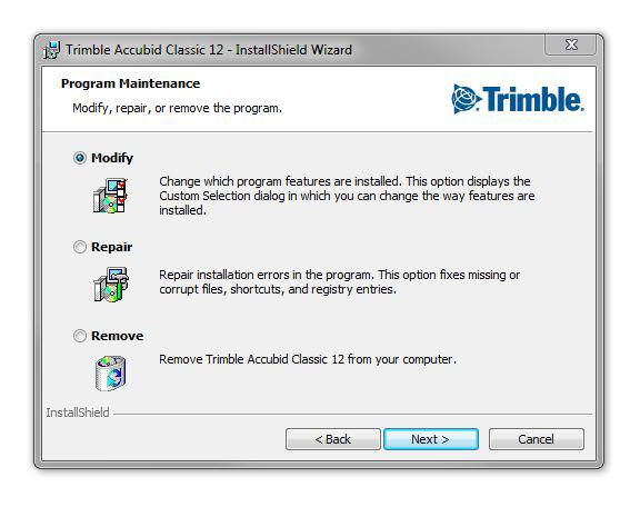 2 Installation Install Additional Components Once you have installed a Trimble Accubid estimating program, you can install additional components to it or remove some, or re-install program files you