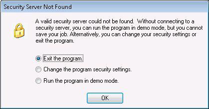 3 Getting Started No Security Device Detected If you try to run the program without either attaching a local security device or linking to a network security server, the following warning appears.