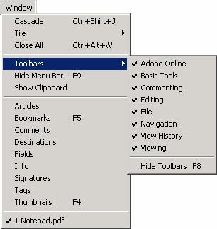 Page 6 Tool Bars (Acrobat 5 only) Adobe Acrobat has many toolbars to help you work with PDFs. You can turn toolbars on and off from the Window Menu. Basic Tools 1 2 3 4 1.