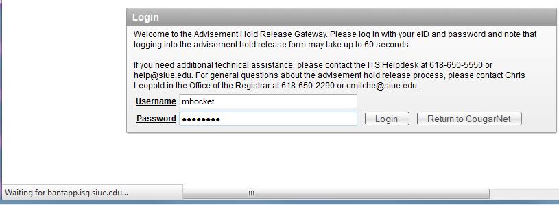 Log in to the Advisement Hold Release Gateway using your eid and password o This may take several minutes.
