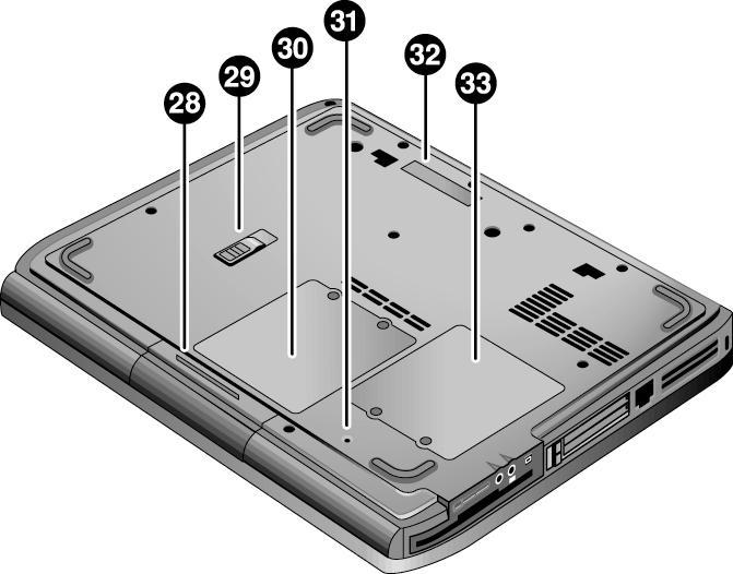 Figure 1-3. Bottom View ze4x00, HP nx9005 and nx9000, Evo tebook N1050v and N1010v, and 2100 and 1100 28. Hard disk drive 29. Battery latch 30.