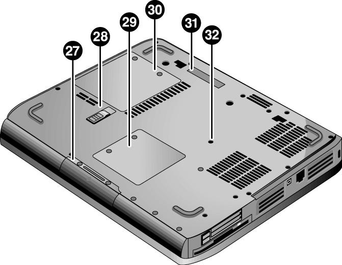 Figure 1-6. Bottom View ze5x00, HP nx9010, HP nx9008, and 2500 27. Hard disk drive 28. Battery latch 29.