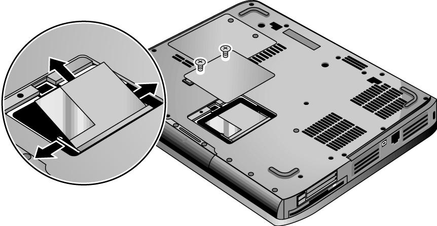 NOTE: The Mini PCI Card door on ze5x00, HP nx9010 and HP nx9008, and 2500 models is located in the front center area of the notebook bottom, as indicated in Figure 2-6.