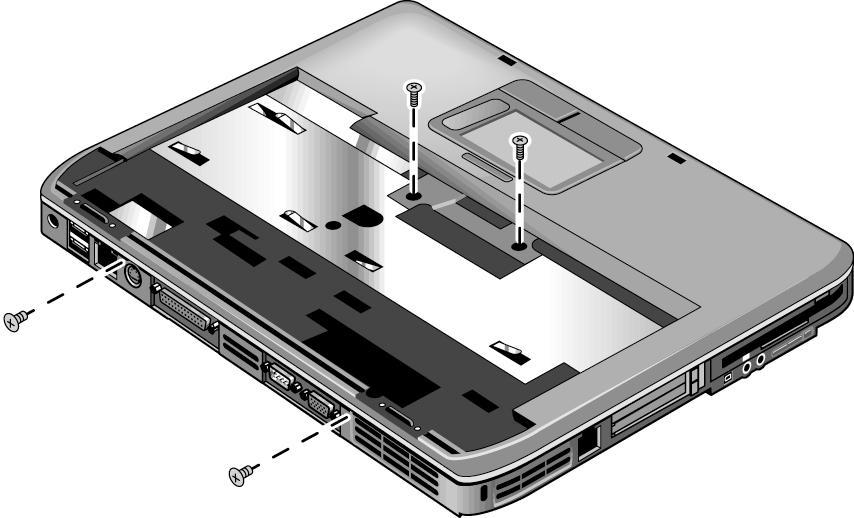 3. Turn the notebook bottom side up with the front facing forward. 4. Remove the following M2.5 4.0mm screws: One from the battery bay One from the hard disk drive bay 5. Remove the remaining 14 M2.