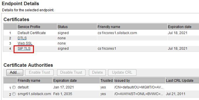 Under the Certificate Endpoints tab on the Certificate Management page, enter associated with the Signaling Server