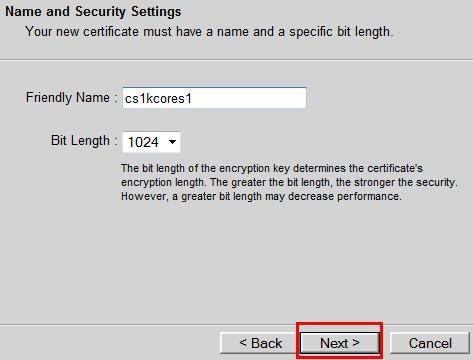 On the Name and Security Settings window, enter the following values and click Next.