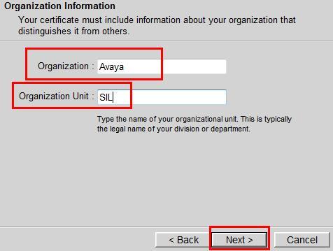 On the Organization Information window, enter the following values and click Next. Organization: Enter brief descriptive name of Organization.