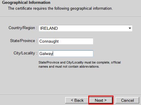 On the Geographic Information window, enter the following values and click Next.