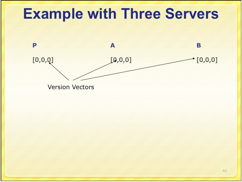 Anti-Entropy Exchange Example with Three Servers Each server keeps a vector timestamp P A B When two servers connect, exchanging the version vectors allows them to identify